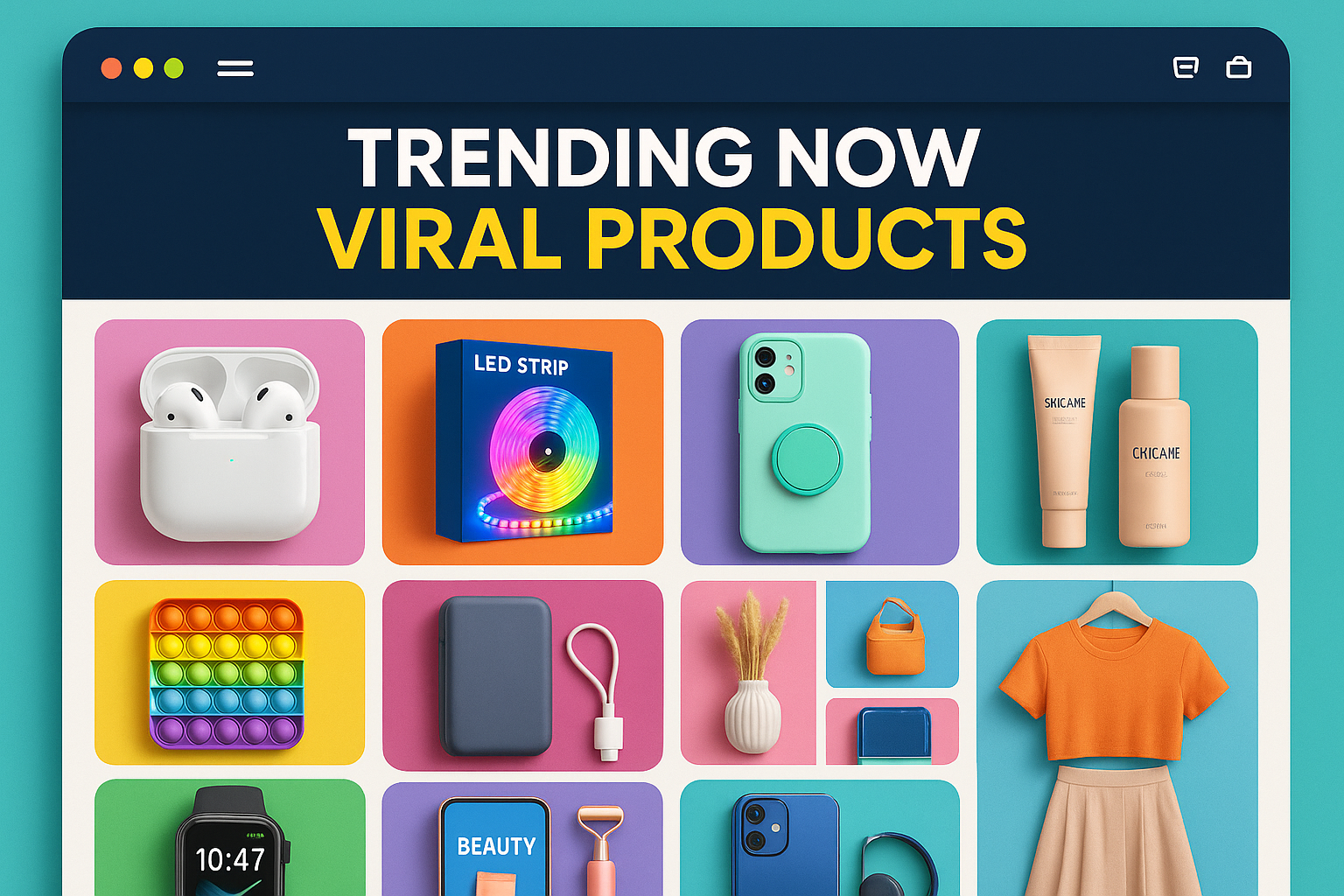 make an image for demonstrating a store which sales all trending products in all types whatever a niche would be an add some viral product images on this